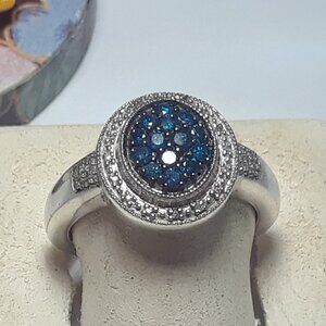 Estate .50ctw Real Blue & White Diamond Oval Halo Sterling Silver S-10 Ring19883